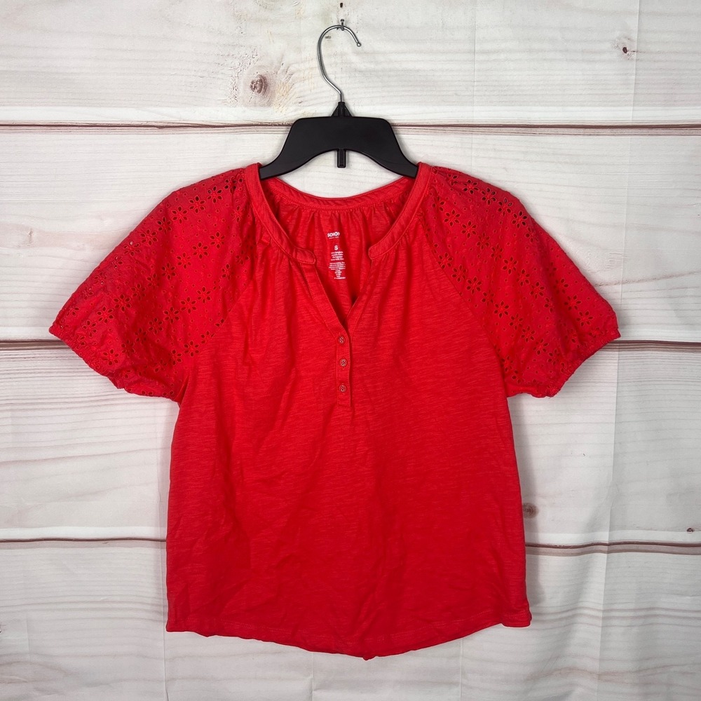 Sonoma Top Womens S Orange Eyelet Sleeve‎ T-Shirt Henley Neck Solid Cotton Blend